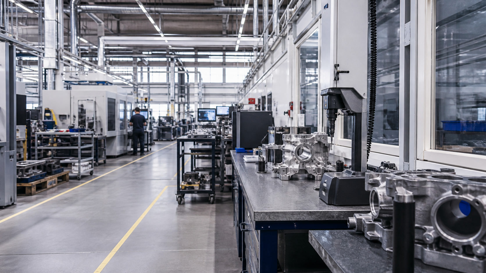 Modern manufacturing floor with machinery and quality inspection workflow.