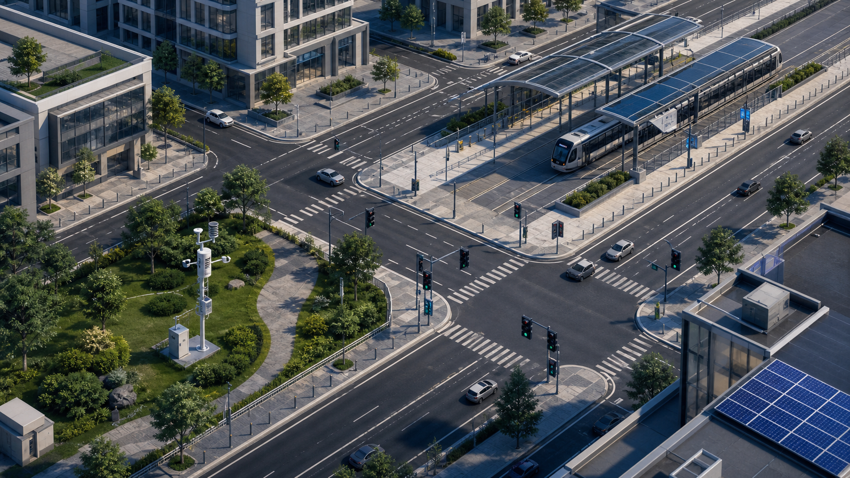 Isometric city district with a traffic junction, tram hub, park monitoring station and street lighting