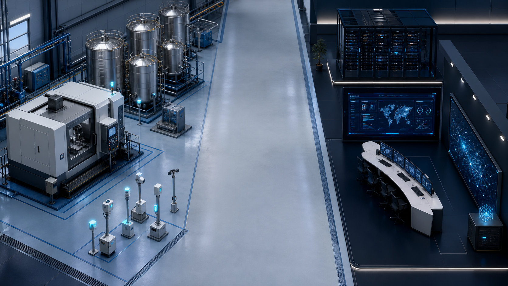 Isometric factory floor with physical edge assets on the left and enterprise systems on the right