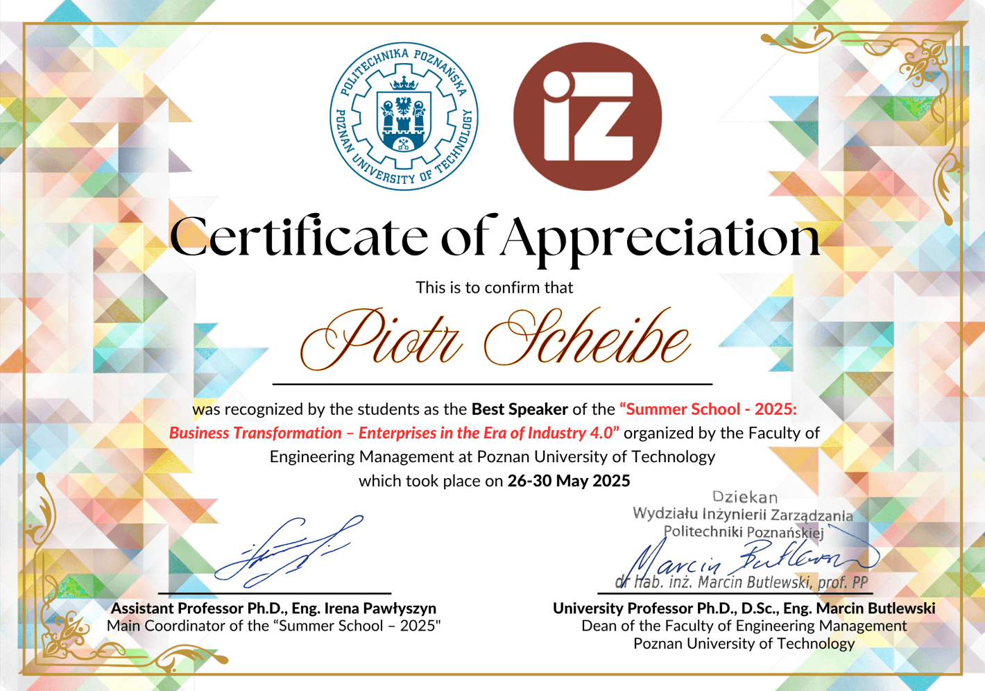Best Speaker certificate awarded to Piotr Scheibe.