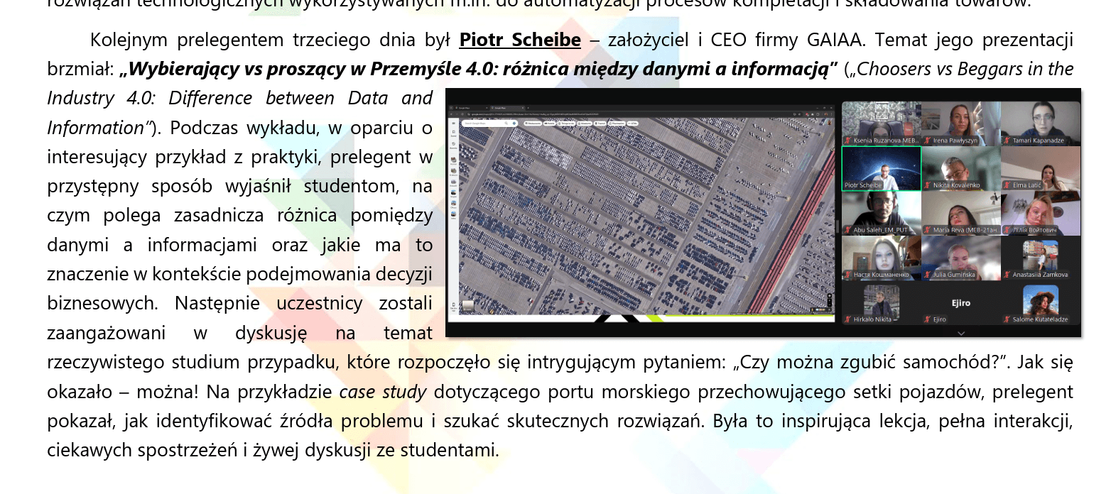 Piotr Scheibe presenting an AI case study during an online lecture.