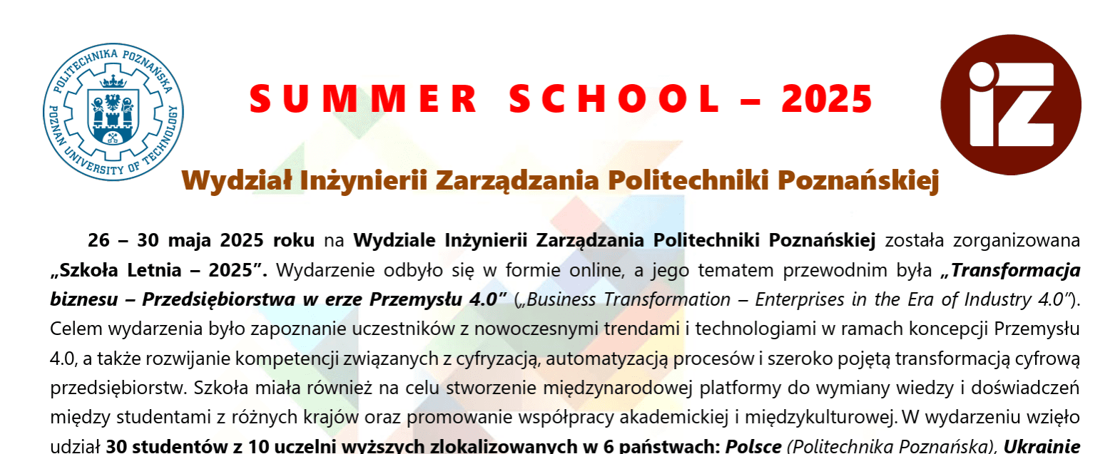 Summer School 2025 at the Faculty of Engineering Management, Poznan University of Technology.